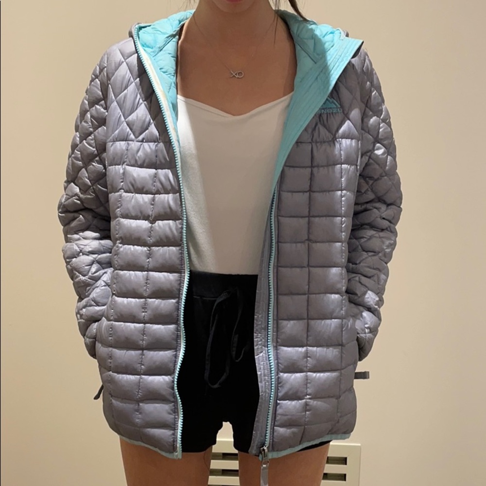 Light gray with turquoise interior puffer jacket